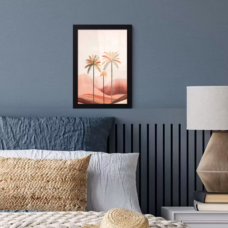Palmbomen - Heuvels - Minimalistisch - Zachtroze fotolijst zwart zonder passe partout klein -sfeer3
