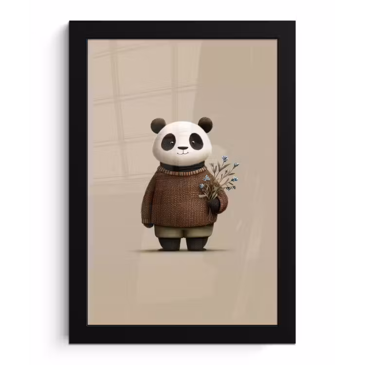 Panda - Blauwe bloemen - Zachtheid fotolijst zwart zonder passe partout klein -3d