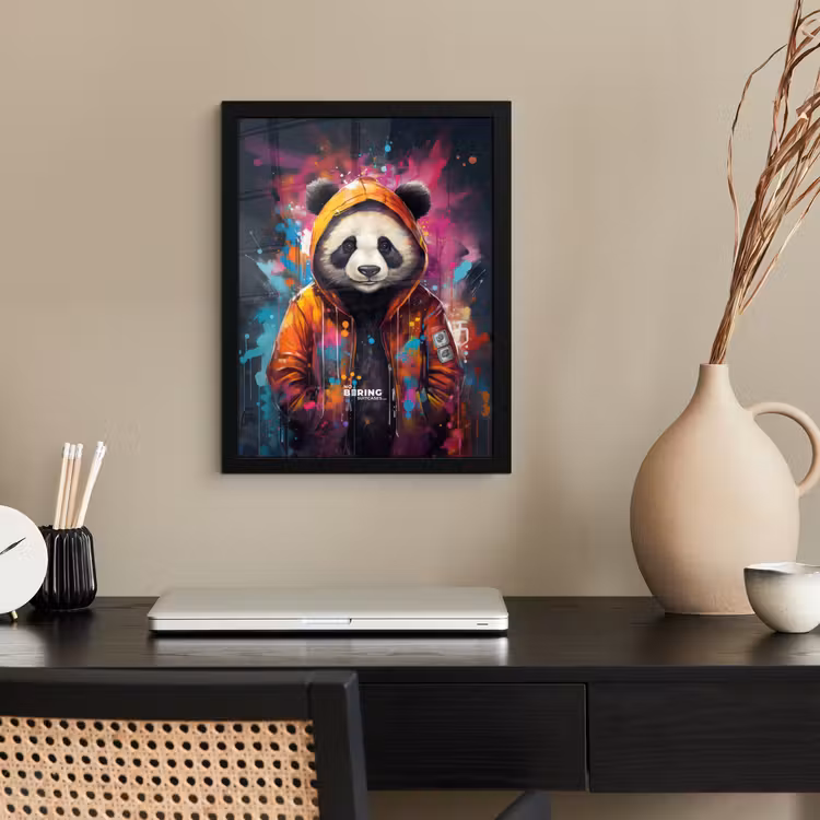 Panda met oranje jas en verfspetters fotolijst zwart zonder passe partout klein -sfeer1
