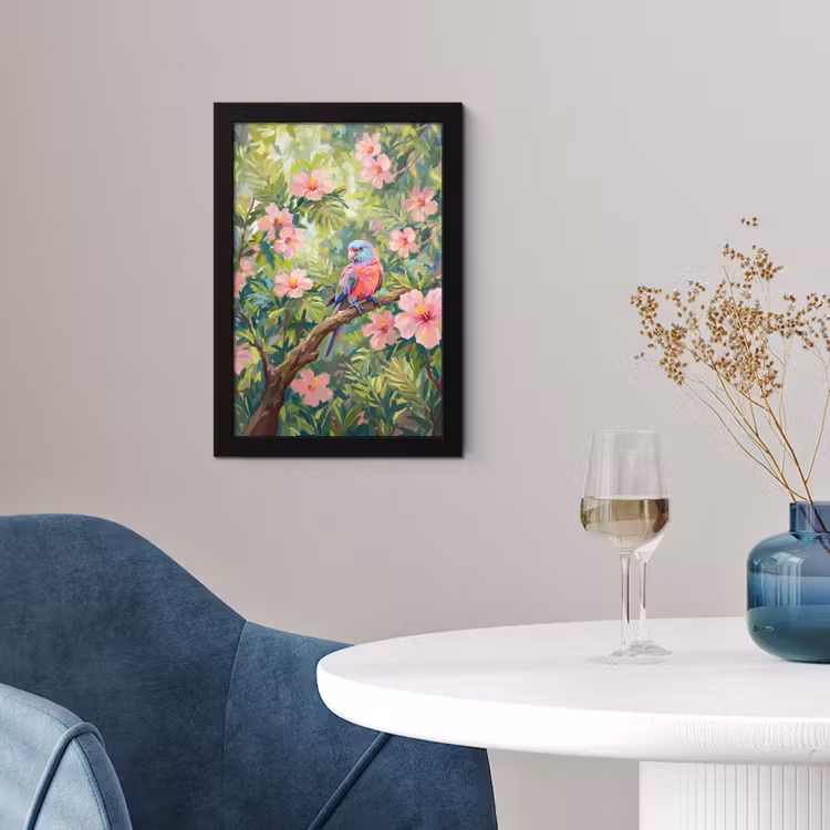 Papagaai - Hibiscusbloemen - Kleurrijk fotolijst zwart zonder passe partout klein -sfeer4