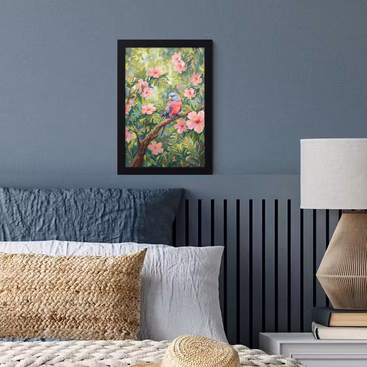 Papagaai - Hibiscusbloemen - Kleurrijk fotolijst zwart zonder passe partout klein -sfeer3
