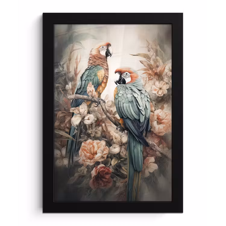 Papegaaien - Vogels - Natuur - Bloemen fotolijst zwart zonder passe partout klein -3d