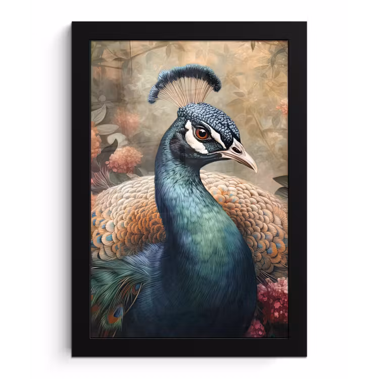 Pauw - Vogel - Bloemen - Planten - Pauwenveren fotolijst zwart zonder passe partout klein -3d