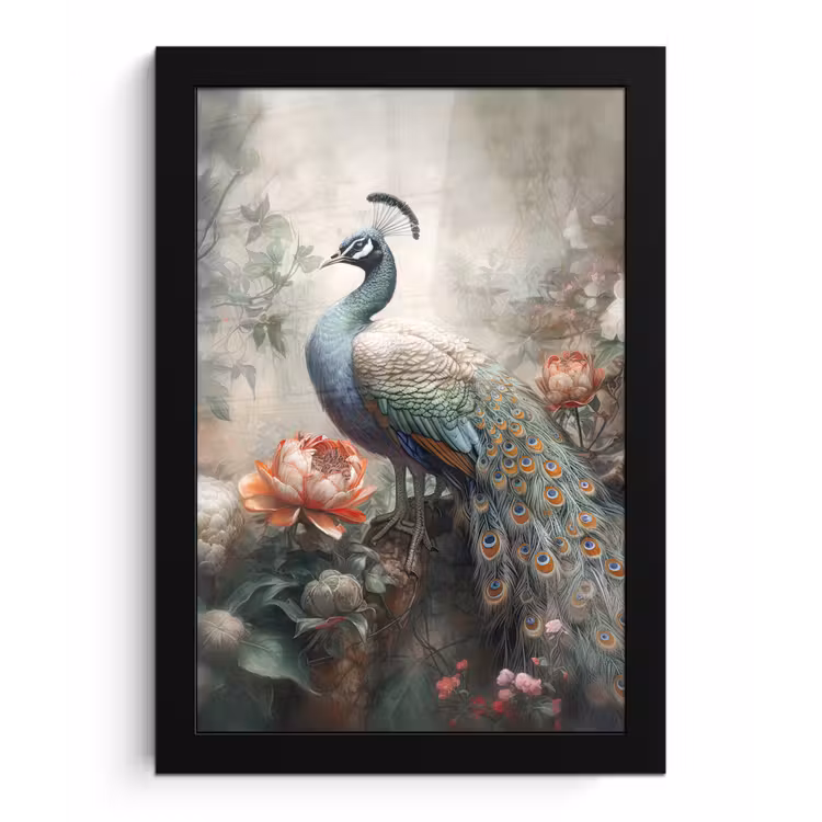 Pauw - Pauwenveren - Vogel - Jungle - Bloemen fotolijst zwart zonder passe partout klein -3d