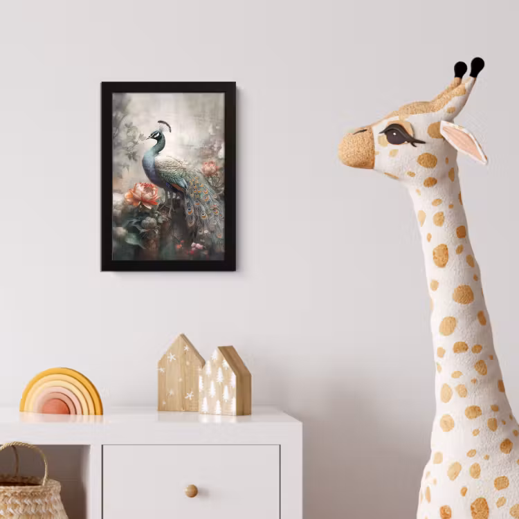 Pauw - Pauwenveren - Vogel - Jungle - Bloemen fotolijst zwart zonder passe partout klein -usfeer4_kinderkamer