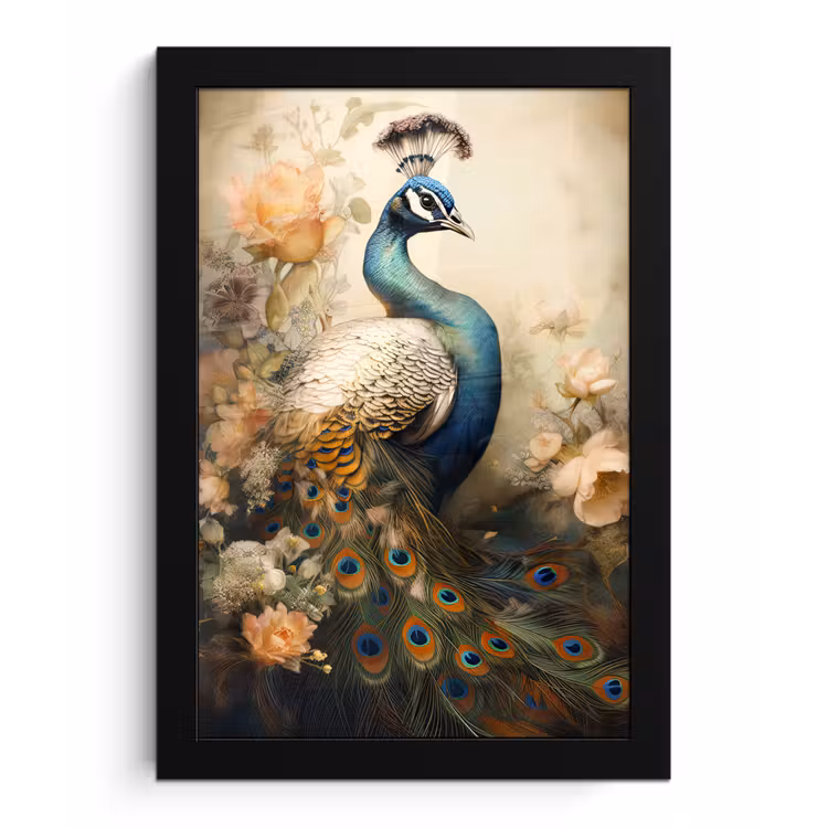 Pauw - Pauwenveren - Bloemen - Vogels - Botanisch fotolijst zwart zonder passe partout klein -3d