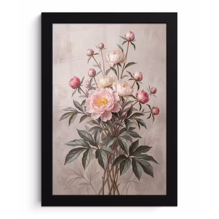 Pioenrozen - Boeket - Roze fotolijst zwart zonder passe partout klein -3d