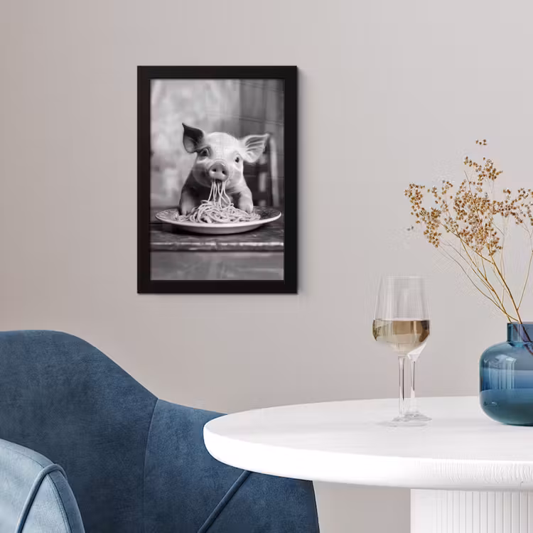 Varken - Schattig - Spaghetti - Zwart wit - Dier fotolijst zwart zonder passe partout klein -sfeer4