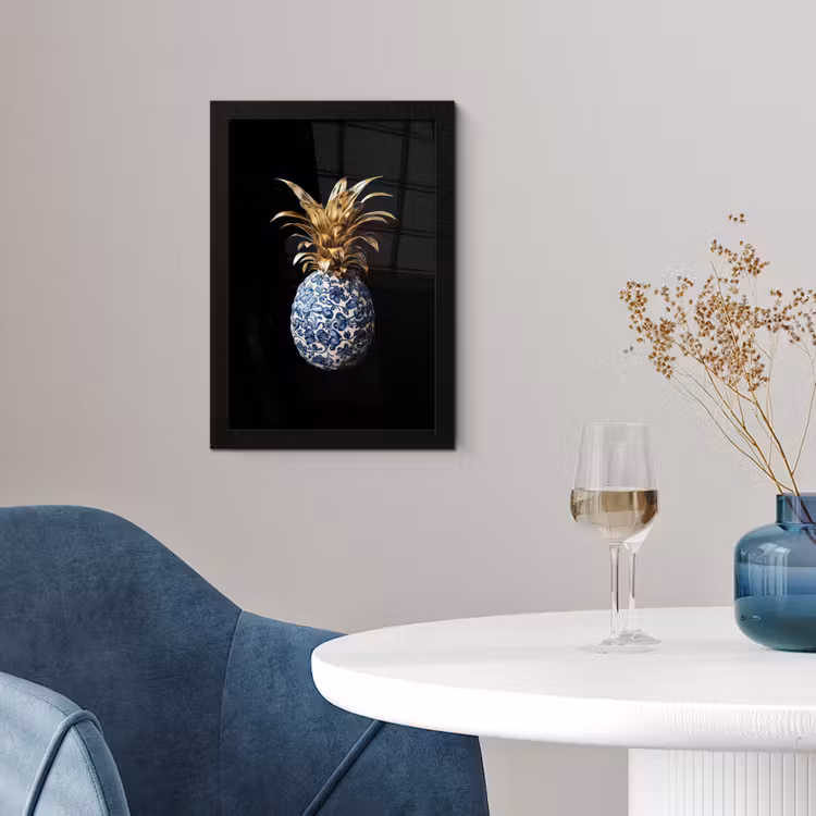 Ananas - Bloemen patroon - Goud - Delftsblauw fotolijst zwart zonder passe partout klein -sfeer4