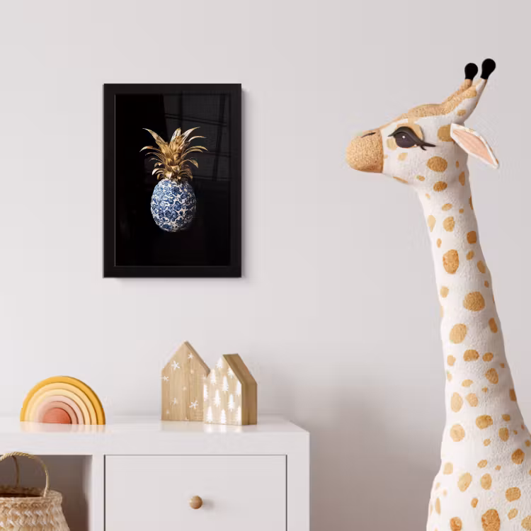 Ananas - Bloemen patroon - Goud - Delftsblauw fotolijst zwart zonder passe partout klein -usfeer4_kinderkamer