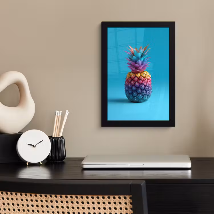 Ananas - Regenboog - Blauw - Popart fotolijst zwart zonder passe partout klein -sfeer1