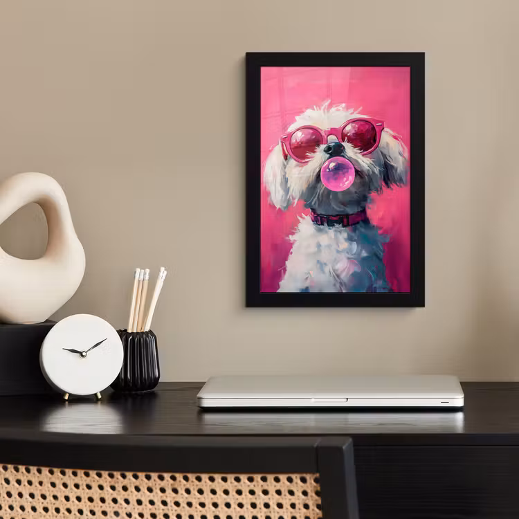 Pink - Hond - Bubbel fotolijst zwart zonder passe partout klein -sfeer1