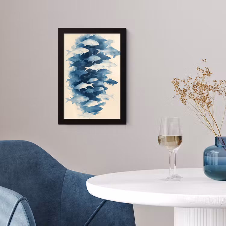 Vissen - Minimalistisch - Blauw fotolijst zwart zonder passe partout klein -sfeer4