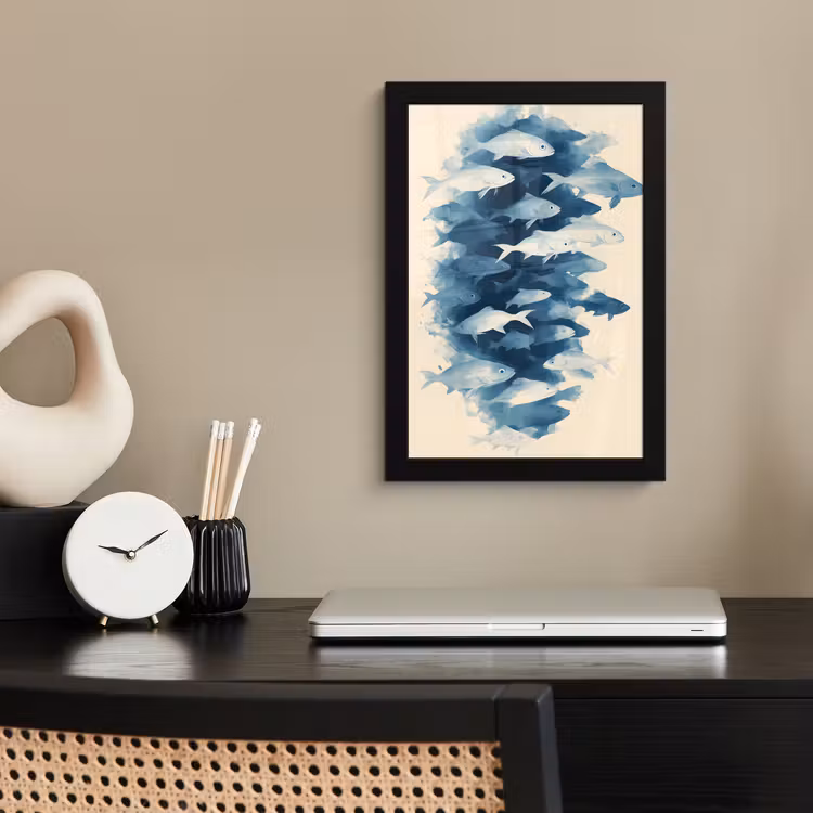 Vissen - Minimalistisch - Blauw fotolijst zwart zonder passe partout klein -sfeer1