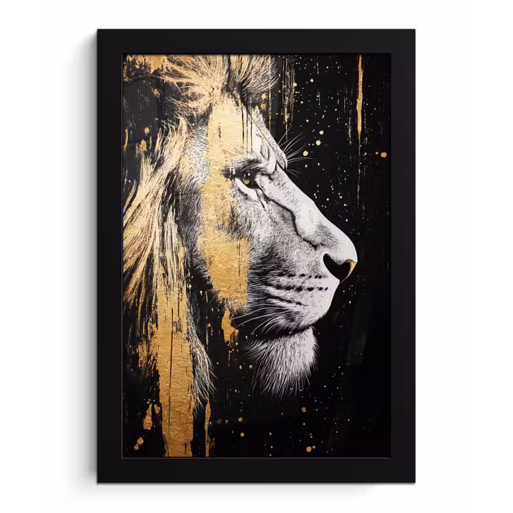 Portret - Leeuw - Abstract - Goud fotolijst zwart zonder passe partout klein -3d