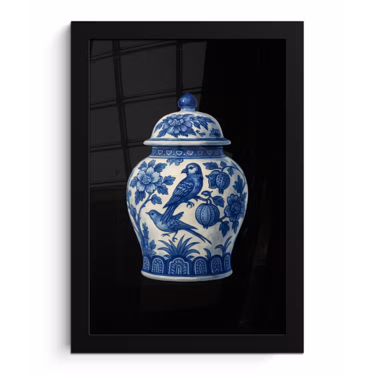 Pot - Delfts Blauw - Bloemen fotolijst zwart zonder passe partout klein -3d
