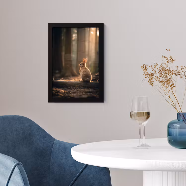 Konijn - Bos - Zonnestralen fotolijst zwart zonder passe partout klein -sfeer4