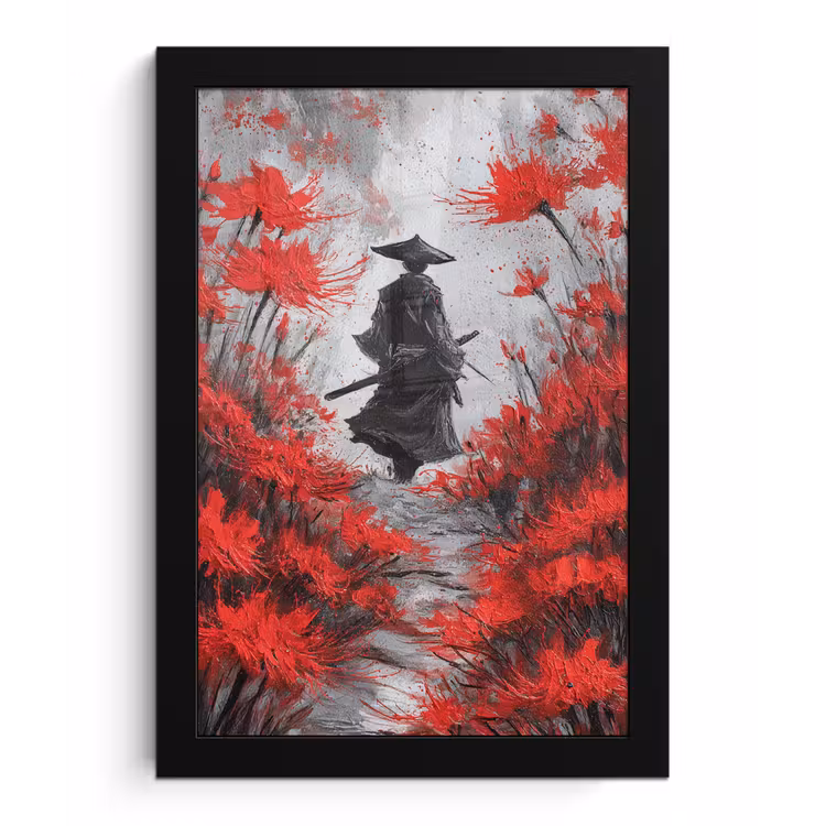 Rode bloemen - mistig - Man fotolijst zwart zonder passe partout klein -3d