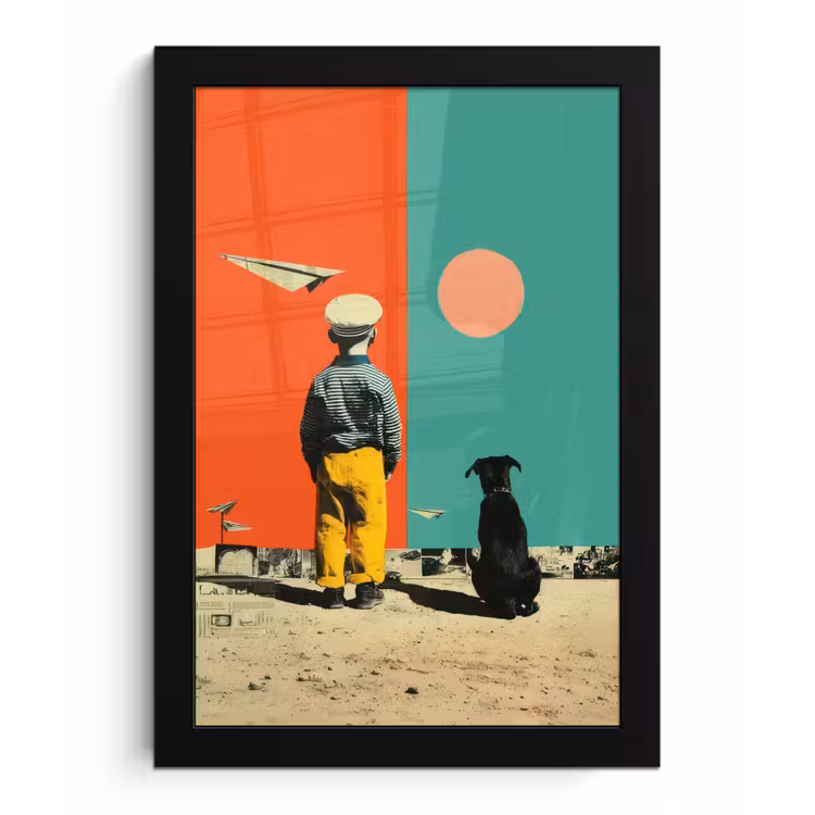 Retro - Jongen - Hond - Rood - Groen fotolijst zwart zonder passe partout klein -3d