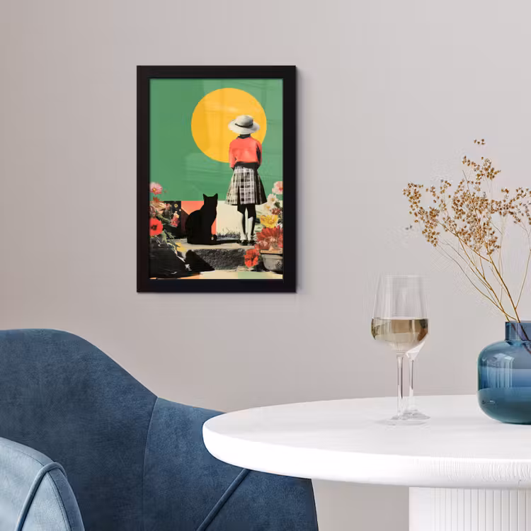 Retro - Meisje - Kat - Zon fotolijst zwart zonder passe partout klein -sfeer4