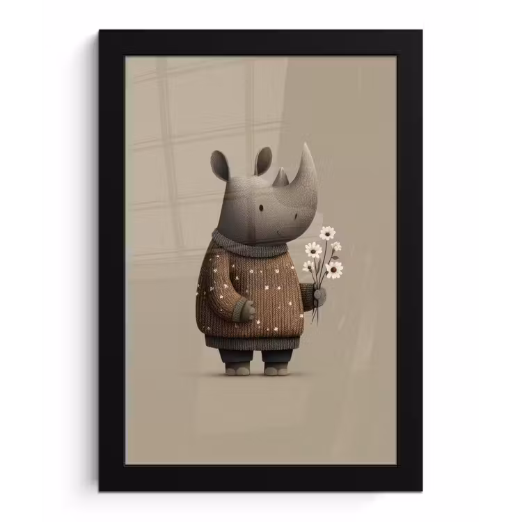 Neushoorn - Witte bloemen - Lief fotolijst zwart zonder passe partout klein -3d