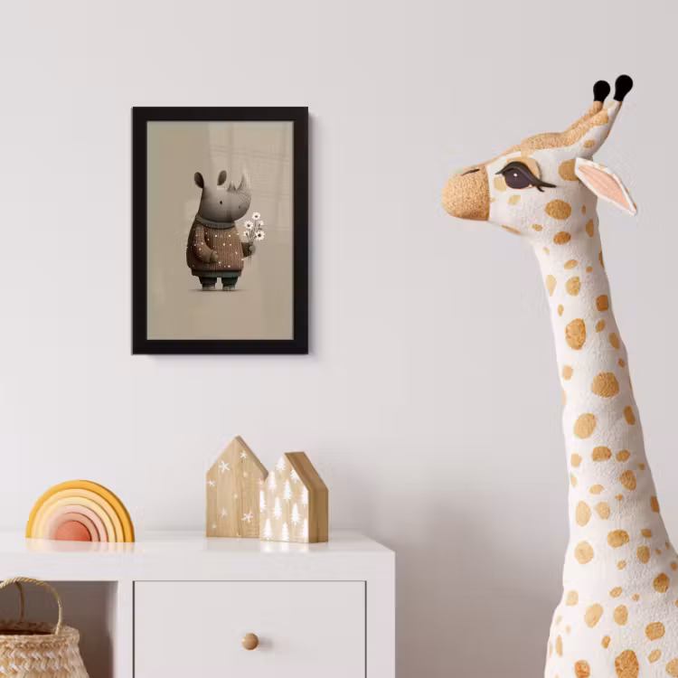 Neushoorn - Witte bloemen - Lief fotolijst zwart zonder passe partout klein -usfeer4_kinderkamer