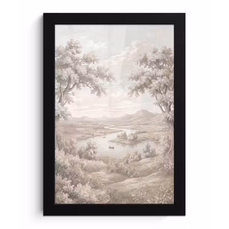 Rivierlandschap - Bergen - Natuur - Vintage - Beige fotolijst zwart zonder passe partout klein -3d