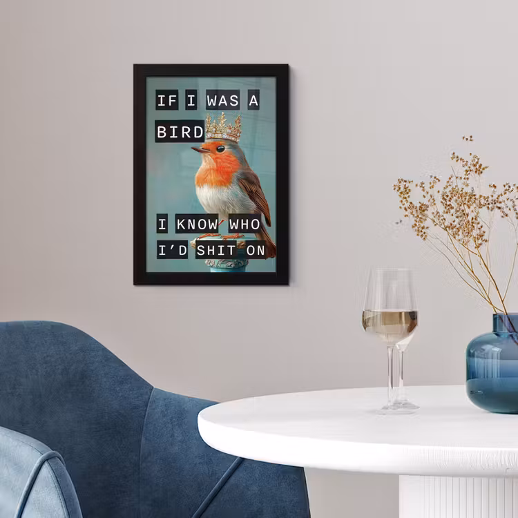 Roodborstje - Vogel - Blauw - Decoratie fotolijst zwart zonder passe partout klein -sfeer4