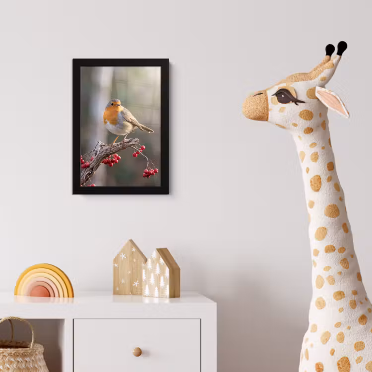 Roodborst - Tak - Bessen - Natuur fotolijst zwart zonder passe partout klein -usfeer4_kinderkamer