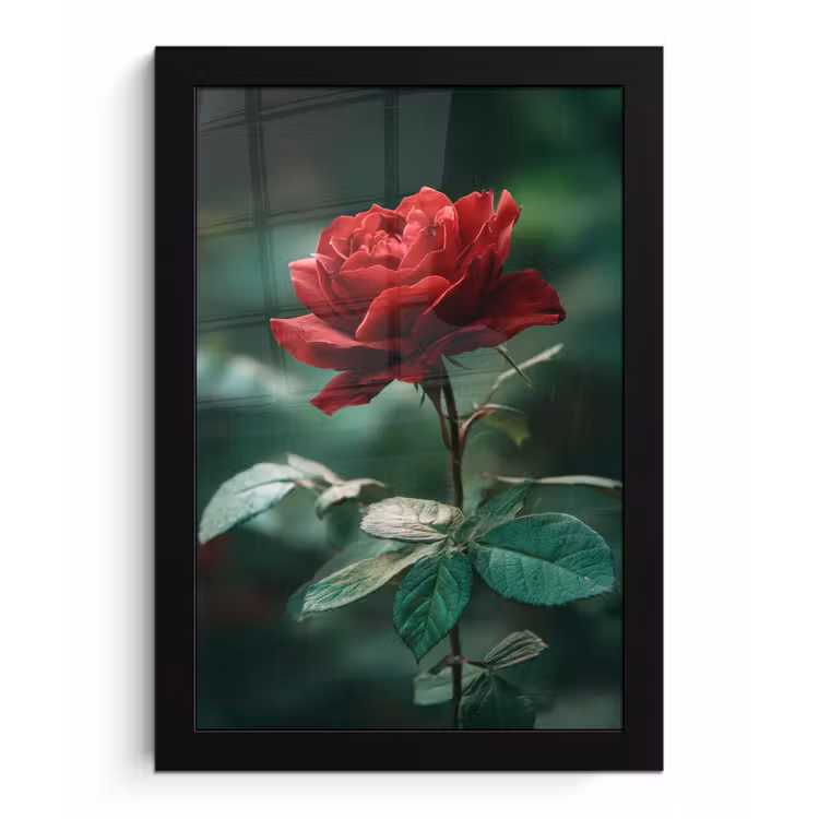 Roos - Bladeren - Dieprood fotolijst zwart zonder passe partout klein -3d