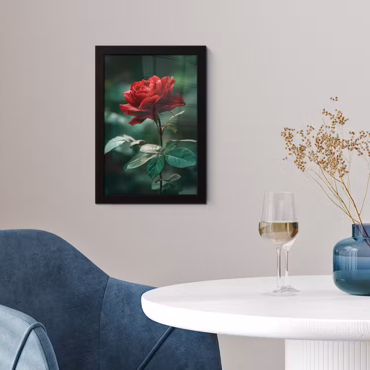 Roos - Bladeren - Dieprood fotolijst zwart zonder passe partout klein -sfeer4