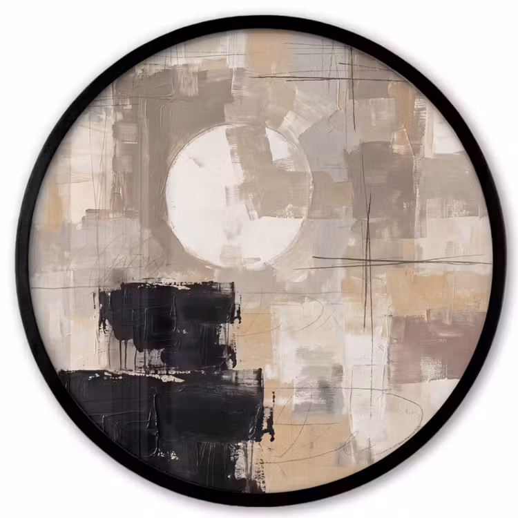 Abstract - Cirkel - Modern - Beige - Zwart - Minimalistisch Fotolijst rond zonder passe partout klein -3d