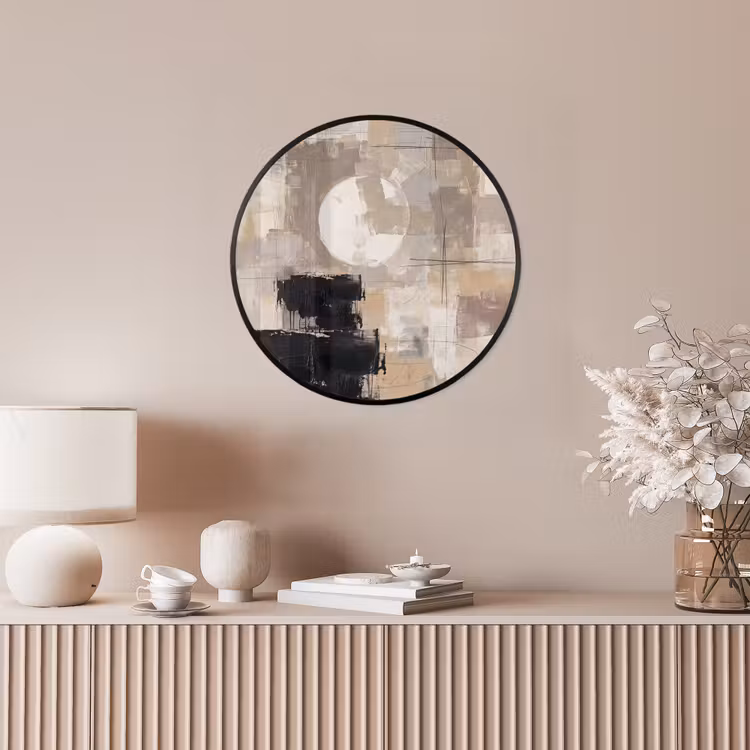 Abstract - Cirkel - Modern - Beige - Zwart - Minimalistisch Fotolijst rond zonder passe partout klein -sfeer3