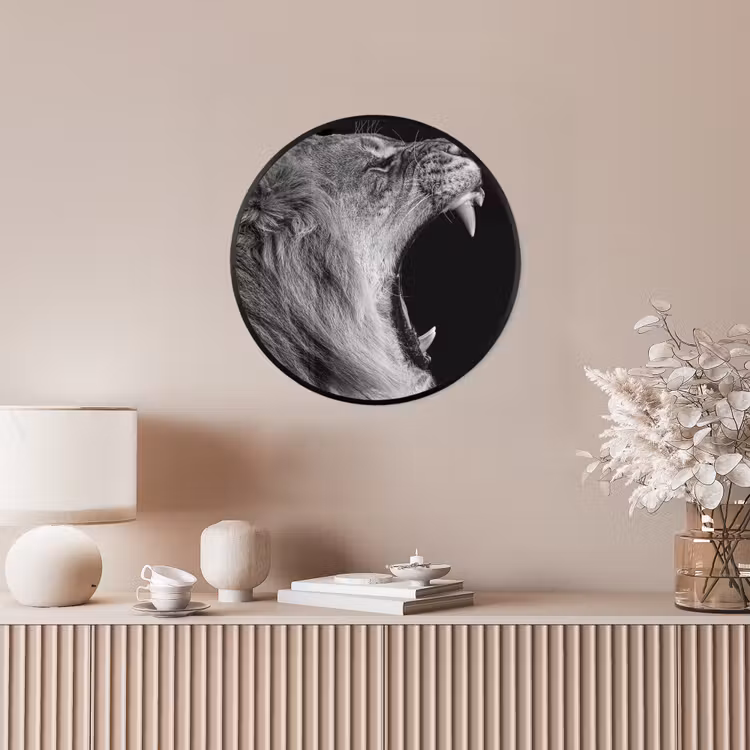 Dieren - Leeuw - Zwart - Wit - Portret Fotolijst rond zonder passe partout klein -sfeer3