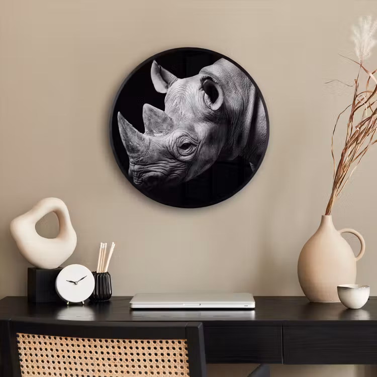 Dieren - Neushoorn - Zwart - Wit - Portret Fotolijst rond zonder passe partout klein -sfeer1