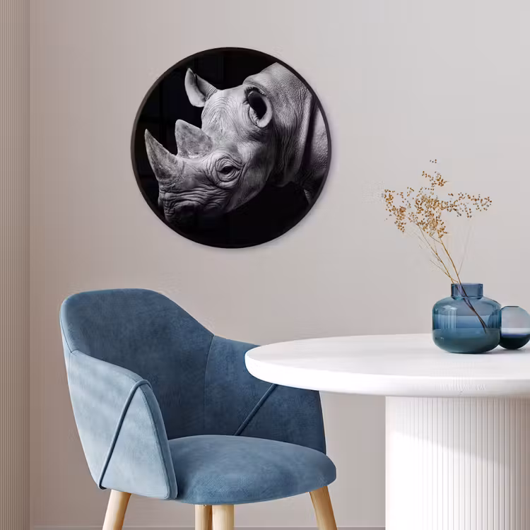 Dieren - Neushoorn - Zwart - Wit - Portret Fotolijst rond zonder passe partout klein -sfeer2