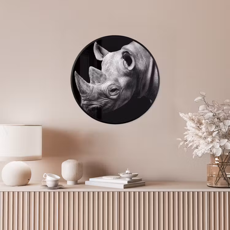 Dieren - Neushoorn - Zwart - Wit - Portret Fotolijst rond zonder passe partout klein -sfeer3