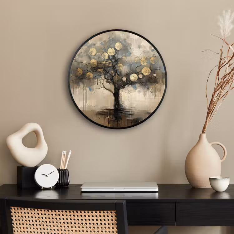 Beige - Abstract - Boom - Goud Fotolijst rond zonder passe partout klein -sfeer1
