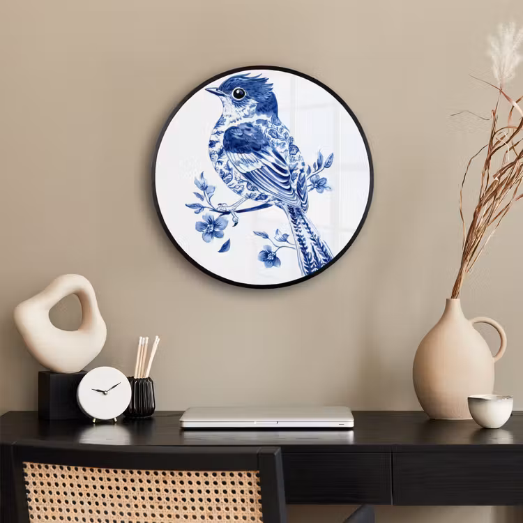 Vogel - Delfts blauw - Illustratie - Bloemen Fotolijst rond zonder passe partout klein -sfeer1