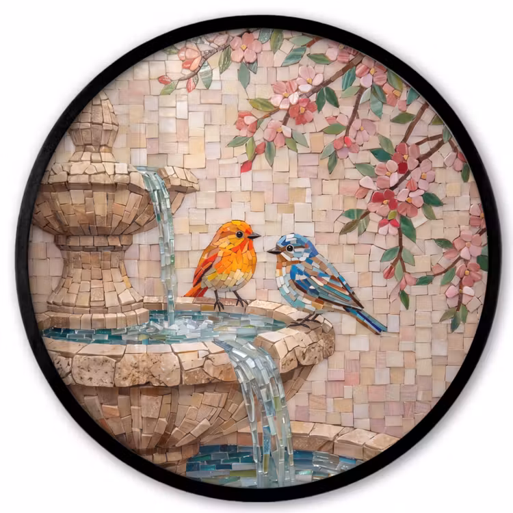 Vogel - fontein - mozaiek - kleurrijk - dieren Fotolijst rond zonder passe partout klein -3d