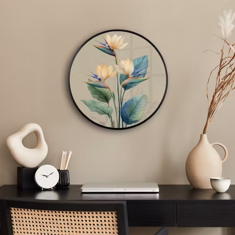 Paradijsvogelbloemen - Blauwgroene bladeren - Beige Fotolijst rond zonder passe partout klein -sfeer1