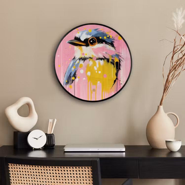 Vogel - Roze - Geel - Blauw Fotolijst rond zonder passe partout klein -sfeer1