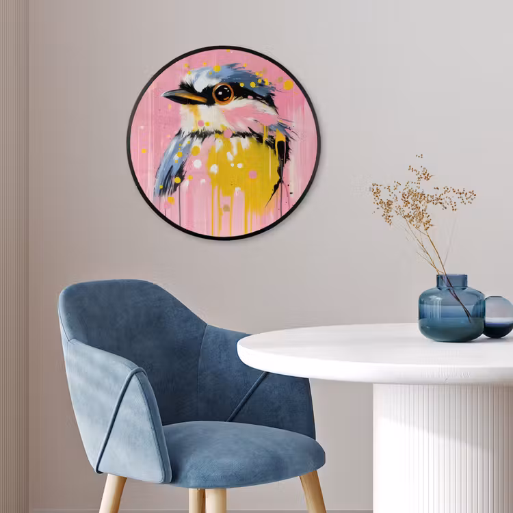 Vogel - Roze - Geel - Blauw Fotolijst rond zonder passe partout klein -sfeer2