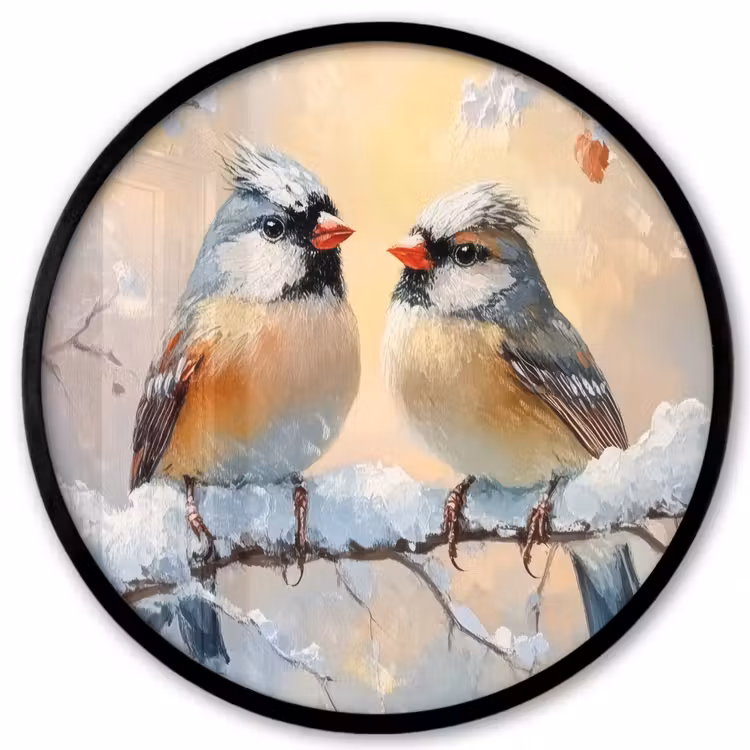 Vogels - Tak - Winter - Sneeuw Fotolijst rond zonder passe partout klein -3d