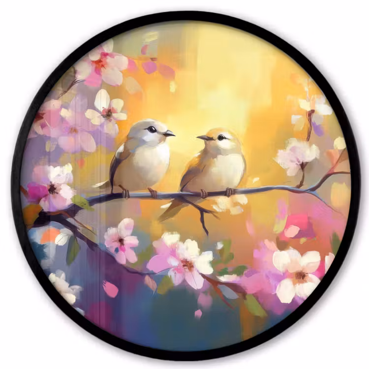 Vogels - Bloemen - Roze Fotolijst rond zonder passe partout klein -3d