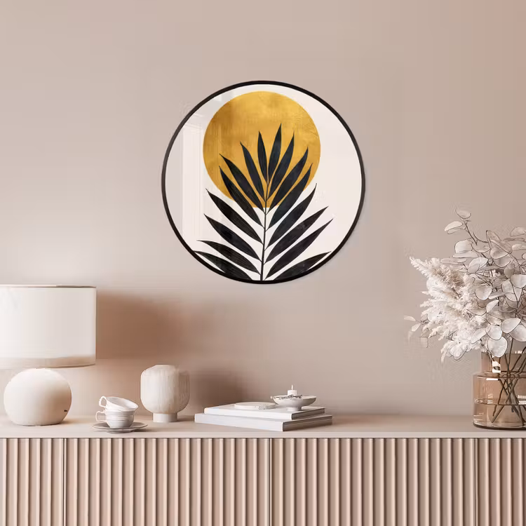 Zwart palmblad - Gouden cirkel - Beige achtergrond Fotolijst rond zonder passe partout klein -sfeer3
