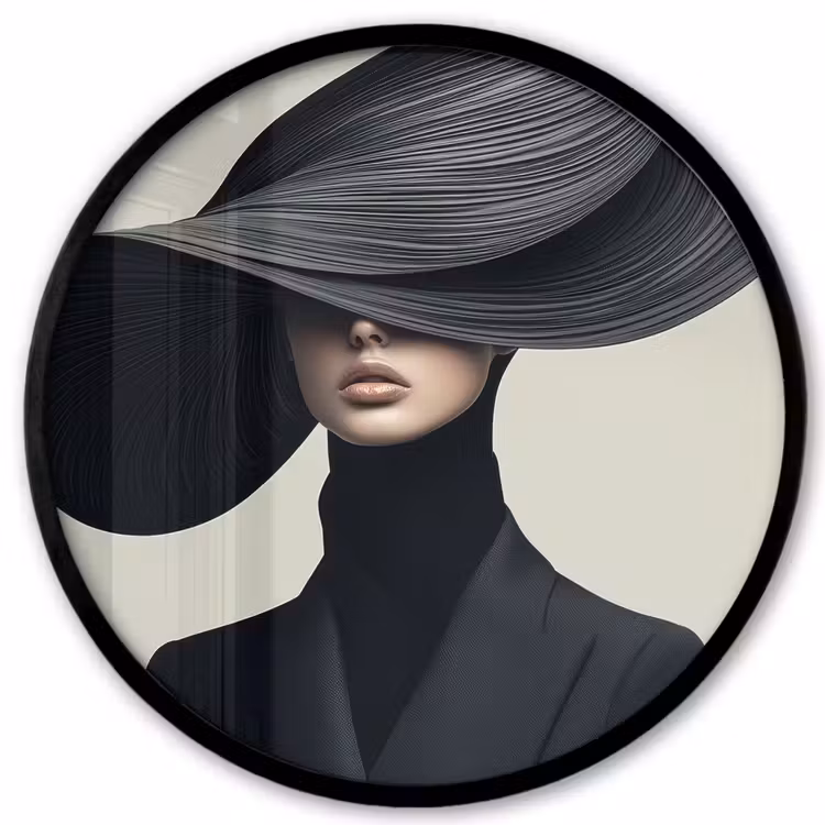 Zwart - Vrouw - Hoed Fotolijst rond zonder passe partout klein -3d