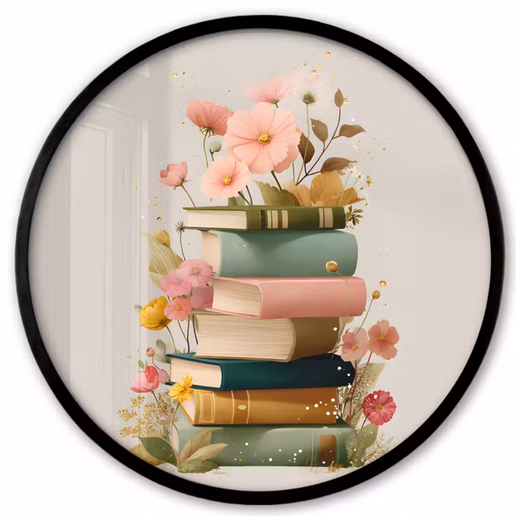 Boeken - Stapel - Bloemen - Kleurrijk Fotolijst rond zonder passe partout klein -3d