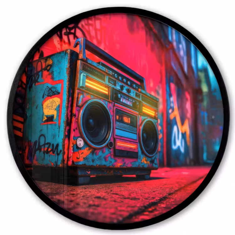 Boombox - Rood - Graffiti - Neon Fotolijst rond zonder passe partout klein -3d