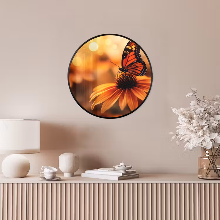 Vlinder - Bloemen - Oranje Fotolijst rond zonder passe partout klein -sfeer3